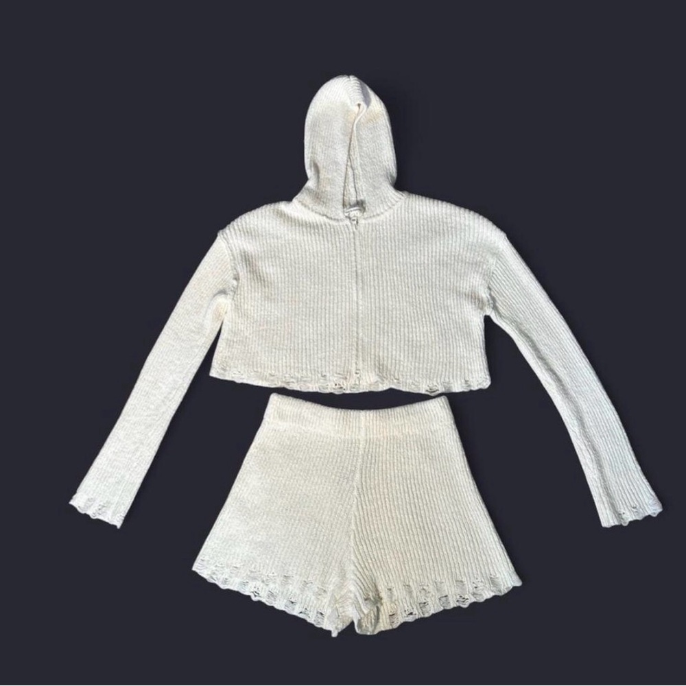 Cream Knit Hoodie and Shorts Set